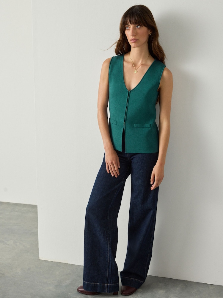 Teal Blue Smart V-Neck Knitted Waistcoat - Image 2 of 7