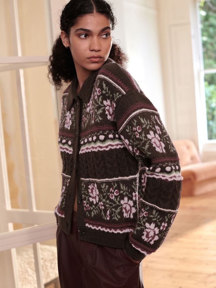 Chocolate Brown Floral Cable Knit Collar Cardigan With Wool - Image 1 of 10