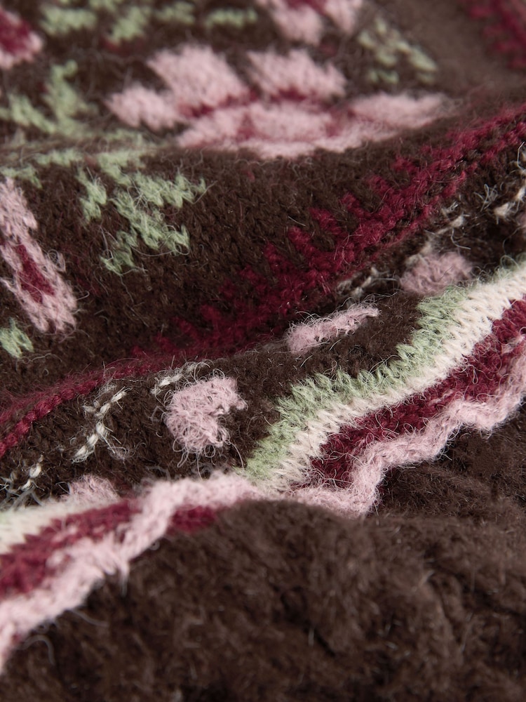 Chocolate Brown Floral Cable Knit Collar Cardigan With Wool - Image 10 of 10
