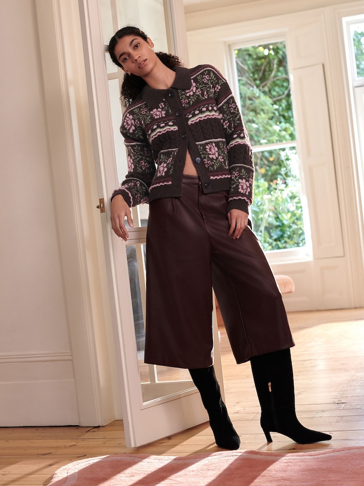 Chocolate Brown Floral Cable Knit Collar Cardigan With Wool - Image 2 of 10