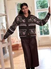 Chocolate Brown Floral Cable Knit Collar Cardigan With Wool - Image 4 of 10