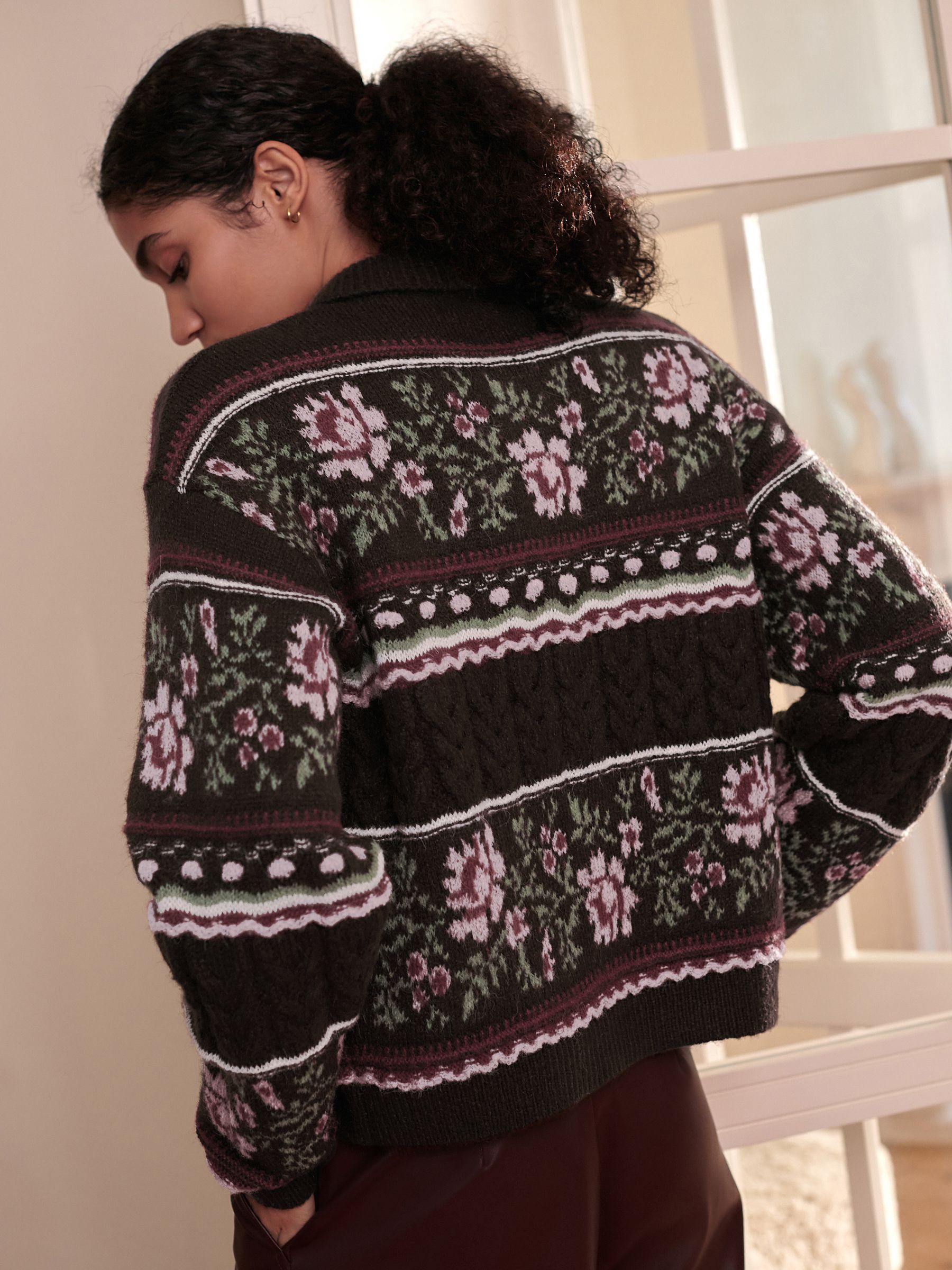Buy Chocolate Brown Floral Cable Knit Collar Cardigan With Wool