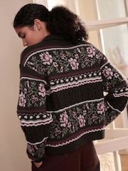 Chocolate Brown Floral Cable Knit Collar Cardigan With Wool - Image 6 of 10
