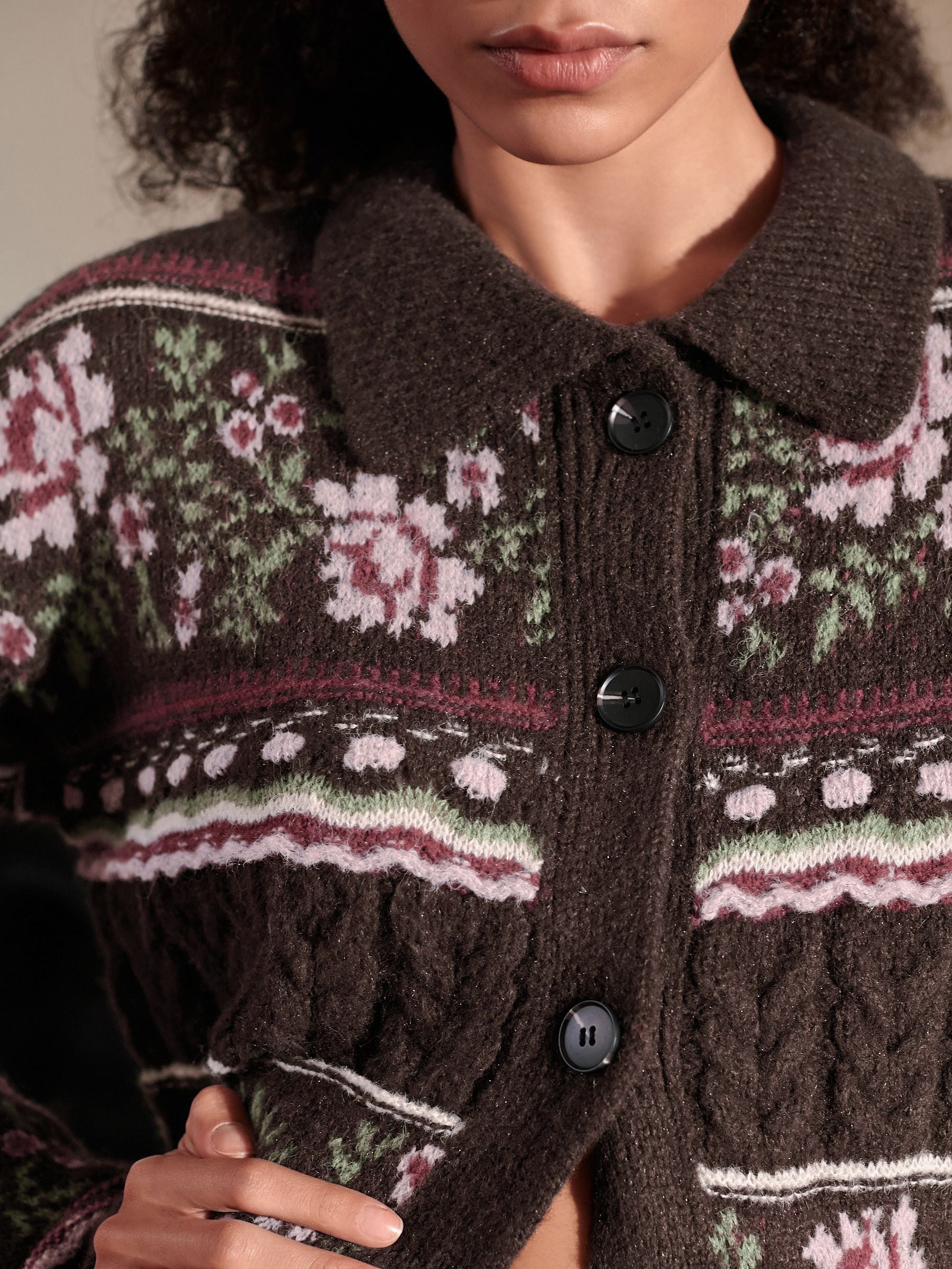 Buy Chocolate Brown Floral Cable Knit Collar Cardigan With Wool