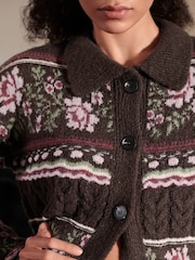 Chocolate Brown Floral Cable Knit Collar Cardigan With Wool - Image 7 of 10