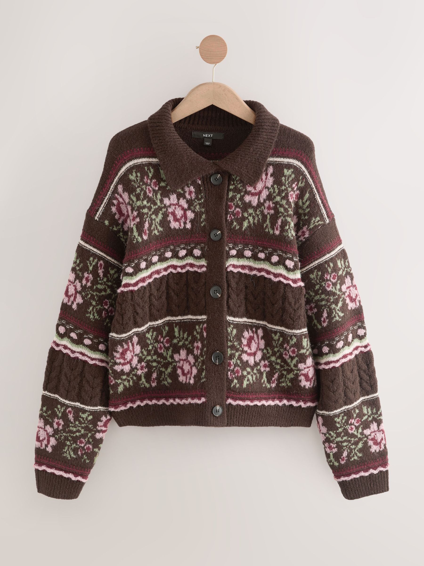 Buy Chocolate Brown Floral Cable Knit Collar Cardigan With Wool
