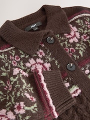 Chocolate Brown Floral Cable Knit Collar Cardigan With Wool - Image 9 of 10