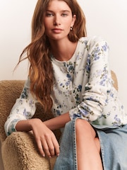 Ecru Floral Slim Super Soft Crew Neck Cardigan with Wool - Image 1 of 10