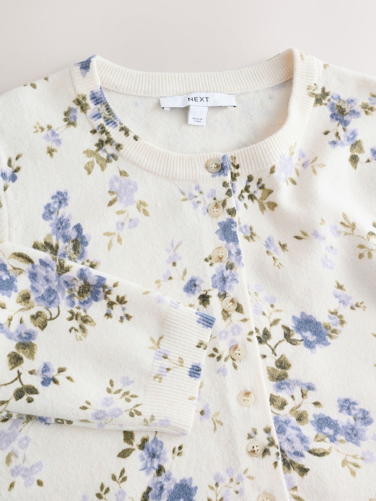 Ecru Floral Slim Super Soft Crew Neck Cardigan with Wool - Image 10 of 10
