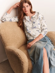 Ecru Floral Slim Super Soft Crew Neck Cardigan with Wool - Image 2 of 10