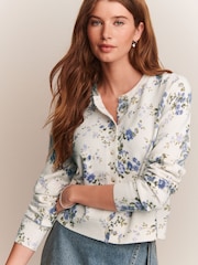 Ecru Floral Slim Super Soft Crew Neck Cardigan with Wool - Image 5 of 10
