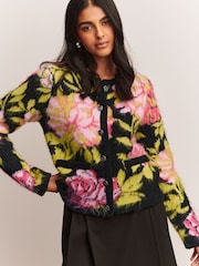 Black Multi Brushed Floral Pattern Knitted Cardigan - Image 1 of 8