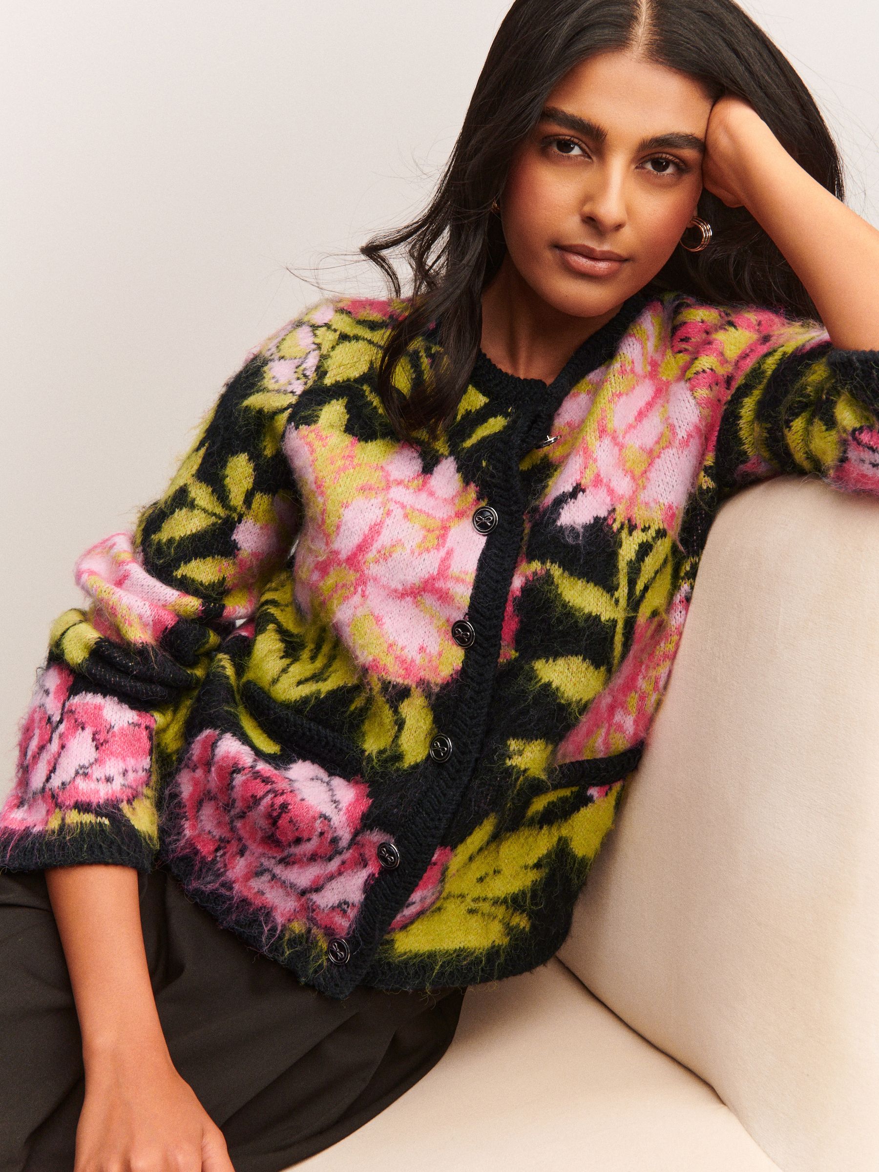 Buy Black Multi Brushed Floral Pattern Knitted Cardigan from Next