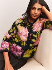 Black Multi Brushed Floral Pattern Knitted Cardigan - Image 3 of 8