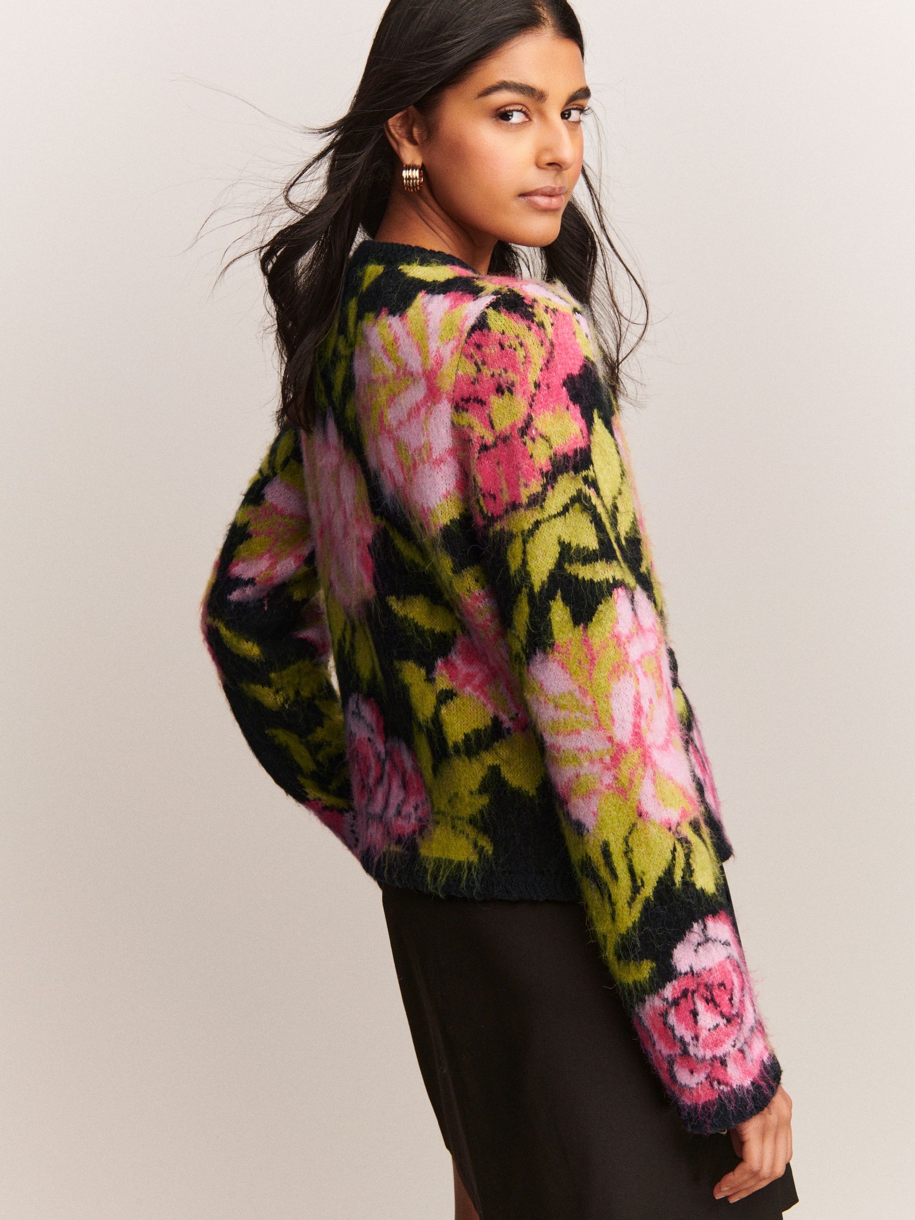 Buy Black Multi Brushed Floral Pattern Knitted Cardigan from Next