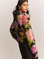 Black Multi Brushed Floral Pattern Knitted Cardigan - Image 4 of 8
