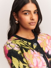 Black Multi Brushed Floral Pattern Knitted Cardigan - Image 5 of 8