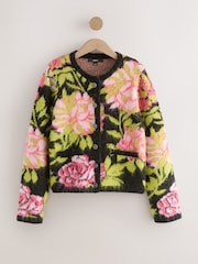 Black Multi Brushed Floral Pattern Knitted Cardigan - Image 6 of 8