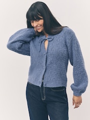 Chambray Blue Tie Neck Heart Button Cardigan - Image 1 of 8
