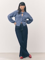 Chambray Blue Tie Neck Heart Button Cardigan - Image 2 of 8