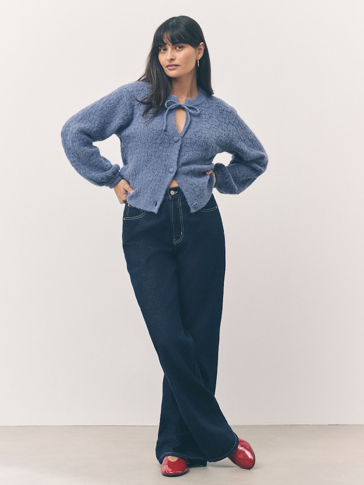 Chambray Blue Tie Neck Heart Button Cardigan - Image 2 of 8