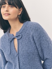 Chambray Blue Tie Neck Heart Button Cardigan - Image 5 of 8
