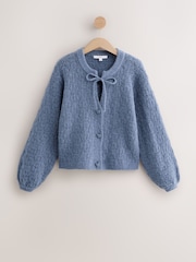Chambray Blue Tie Neck Heart Button Cardigan - Image 6 of 8