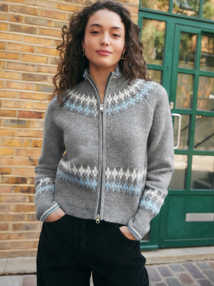 Grey Multi Argyle Zip Up Knitted Bomber Cardigan - Image 1 of 8