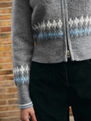 Grey Multi Argyle Zip Up Knitted Bomber Cardigan - Image 4 of 8