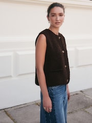 Chocolate Brown Boucle Knitted Gilet With Wool - Image 1 of 7