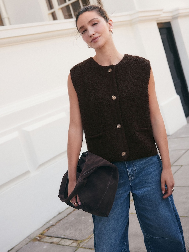 Chocolate Brown Boucle Knitted Gilet With Wool - Image 2 of 7