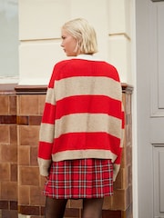 Camel/Red Stripe Cotton And Wool Blend Nappy V-Neck Pocket Cardigan - Image 3 of 9