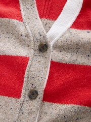 Camel/Red Stripe Cotton And Wool Blend Nappy V-Neck Pocket Cardigan - Image 7 of 9