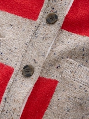 Camel/Red Stripe Cotton And Wool Blend Nappy V-Neck Pocket Cardigan - Image 8 of 9