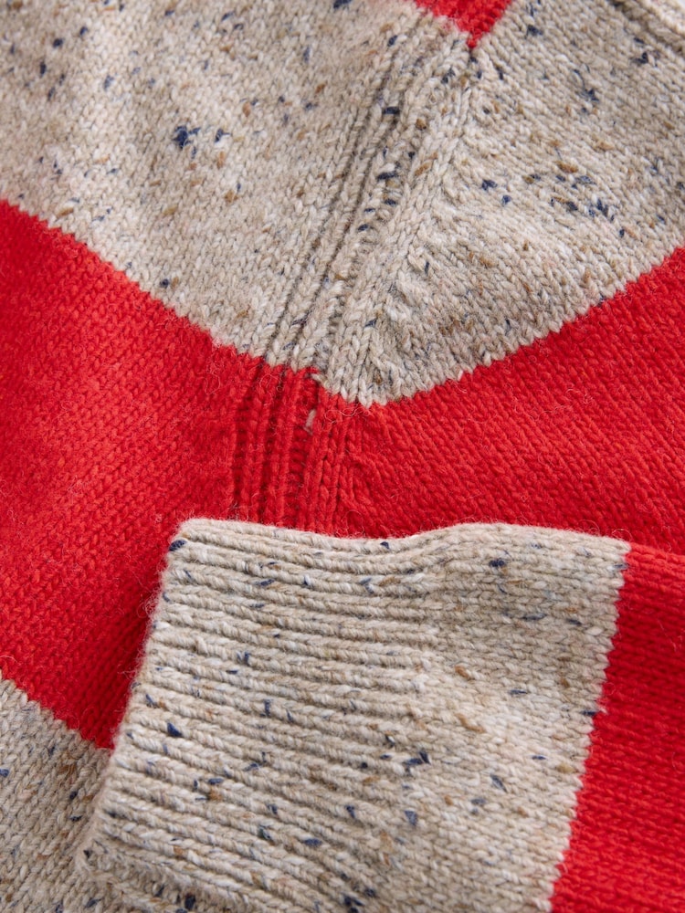 Camel/Red Stripe Cotton And Wool Blend Nappy V-Neck Pocket Cardigan - Image 9 of 9