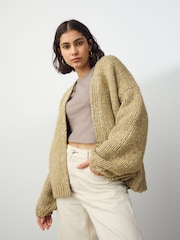 Olive Green Neppy Soft Touch Chunky Knit Cardigan With Wool - Image 1 of 7