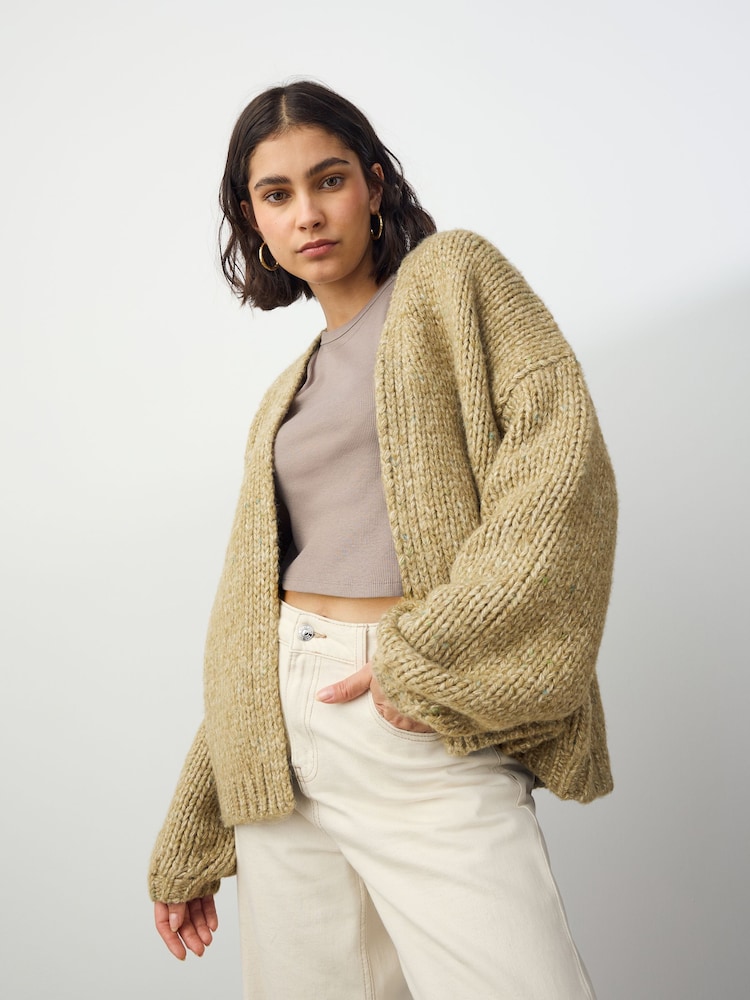 Olive Green Neppy Soft Touch Chunky Knit Cardigan With Wool - Image 1 of 7