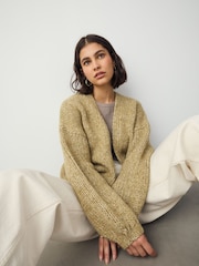 Olive Green Neppy Soft Touch Chunky Knit Cardigan With Wool - Image 2 of 7