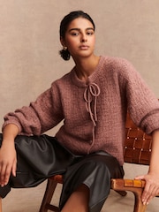 Blush Pink Tie Neck Heart Button Cardigan - Image 1 of 8