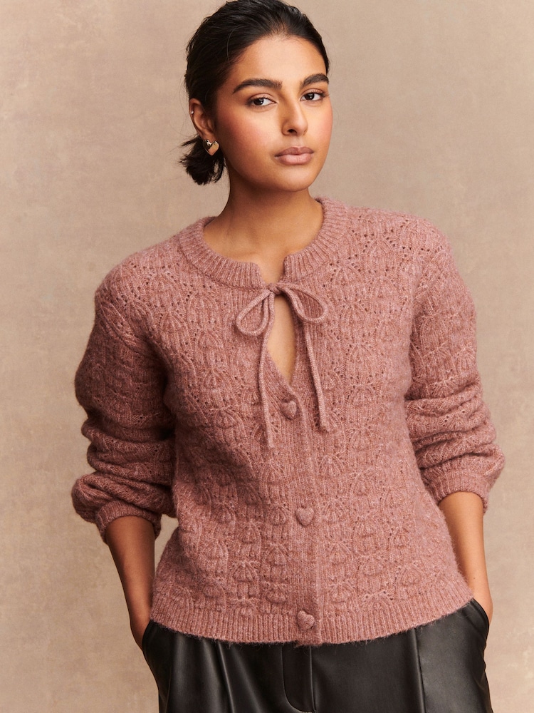 Blush Pink Tie Neck Heart Button Cardigan - Image 2 of 8