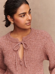 Blush Pink Tie Neck Heart Button Cardigan - Image 3 of 8