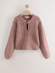 Blush Pink Tie Neck Heart Button Cardigan - Image 6 of 8