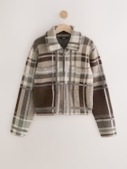 Brown Check Knitted Zip Bomber Jacket With Wool - Image 1 of 3