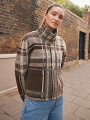 Brown Check Knitted Zip Bomber Jacket With Wool - Image 4 of 9
