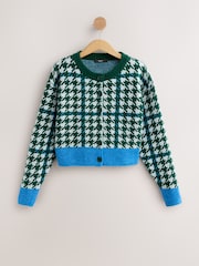 Green Multi Houndstooth Crew Neck Knitted Cardigan - Image 9 of 14