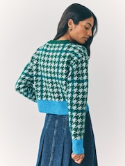 Green Multi Houndstooth Crew Neck Knitted Cardigan - Image 12 of 14