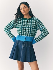Green Multi Houndstooth Crew Neck Knitted Cardigan - Image 13 of 14
