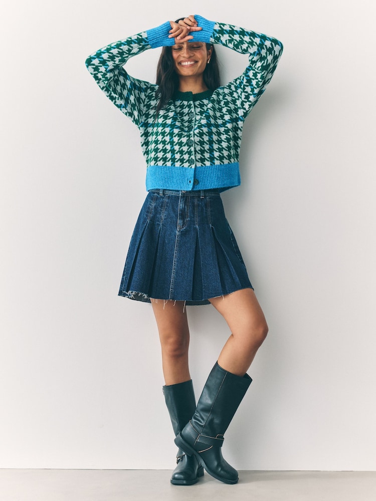 Green Multi Houndstooth Crew Neck Knitted Cardigan - Image 14 of 14