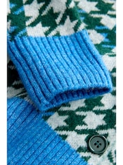 Green Multi Houndstooth Crew Neck Knitted Cardigan - Image 1 of 14