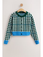 Green Multi Houndstooth Crew Neck Knitted Cardigan - Image 3 of 14